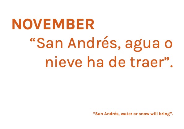 “January water, every drop is worth money”, “Come rainy February, even if it comes furious”, “March of heavy rains, a very unhappy year”, “In April, a thousand waters and they all fit in a barrel”, 